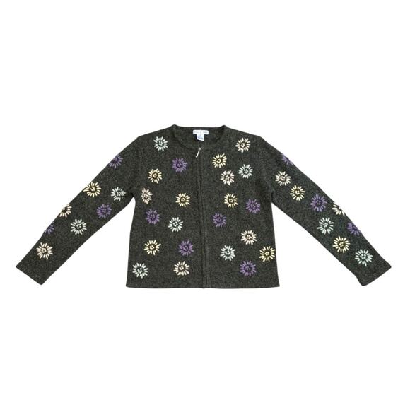 Vintage Floral Embroidered Full Zip Sweater Jacket Shacket Cottagecore Daiinty - Picture 1 of 5
